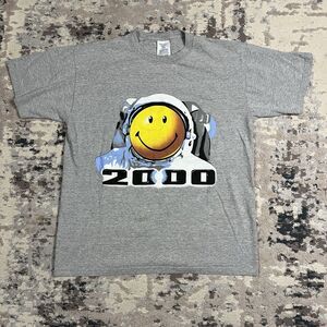 Vintage Y2K 2000 Astronaut Smiley Emoji Heather T-Shirt USA Made Size Large